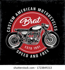 Vintage custom american motorcycle round label with brat style motorbike isolated vector illustration