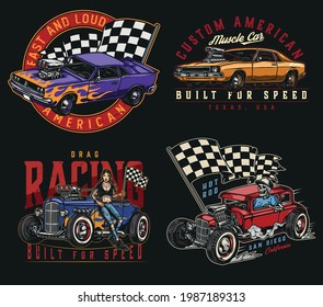 Vintage custom cars colorful emblems with pretty tattooed woman holding race checkered flag muscle cars skeleton in baseball cap driving hot rod isolated vector illustration