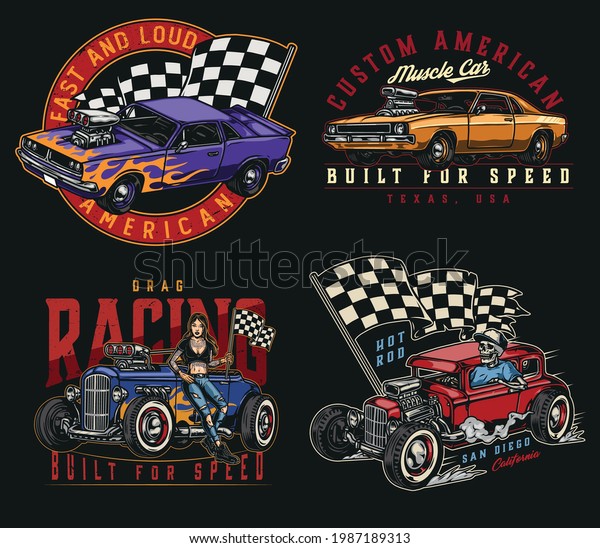 Vintage custom cars\
colorful emblems with pretty tattooed woman holding race checkered\
flag muscle cars skeleton in baseball cap driving hot rod isolated\
vector illustration
