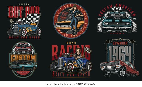 Vintage custom cars labels with lowrider hot rod and muscle cars pretty winking woman in uniform holding wrench and beautiful tattoo girl with race checkered flag isolated vector illustration