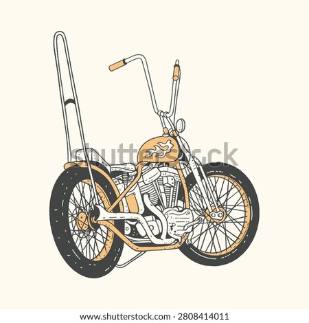 Vintage custom chopper motorcycle illustration with retro hand drawn style