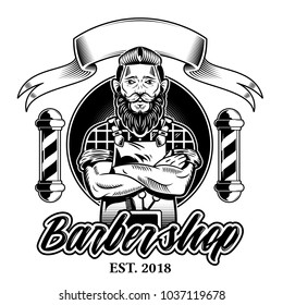 Vintage custom graphic design engraving hipster man barber with big black beard mustache and stylish hairstyle barbershop logo. Vector style illustration. Retro signboard label print icon.