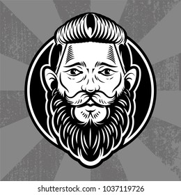 Vintage custom graphic engraving hipster face man barber viking with big black beard mustache and stylish hairstyle on old textured background. Vector modern style illustration. Retro signboard label.