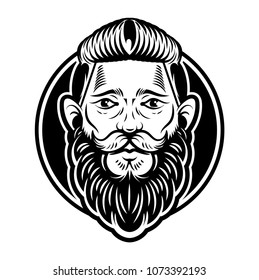 Vintage custom graphic engraving hipster face man barber viking with big black beard mustache and stylish hairstyle on old textured background. Vector modern style illustration. Retro signboard label.
