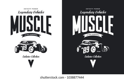 Vintage custom hot rod black and white tee-shirt isolated vector logo. Premium quality old sport car logotype t-shirt emblem illustration. American street wear hipster retro tee print design.