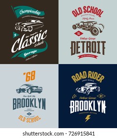 Vintage custom hot rod and classic car vector tee-shirt logo isolated set. Premium quality old sport vehicle logotype t-shirt emblem illustration. American street wear superior retro tee print design.