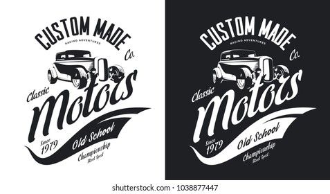 Vintage custom hot rod motors black and white tee-shirt isolated vector logo. Premium quality old sport car logotype t-shirt emblem illustration. Street wear hipster retro badge tee print design.