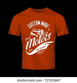 Vintage custom hot rod motors vector logo isolated on red t-shirt mock up. Premium quality old sport car logotype t-shirt emblem illustration. Street wear superior retro badge tee print design.