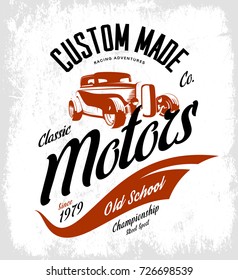 Vintage custom hot rod motors vector tee-shirt logo isolated on white background. Premium quality old sport car logotype t-shirt emblem illustration. Street wear superior retro badge tee print design.