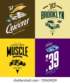 Vintage custom hot rod, muscle car and pickup vector tee-shirt logo isolated set. Premium quality old sport vehicle logotype t-shirt emblem illustration. Street wear superior retro tee print design.