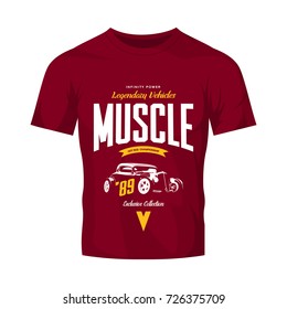 Vintage custom hot rod vector logo isolated on red t-shirt mock up. Premium quality sport car logotype tee-shirt emblem illustration. American street wear exclusive superior retro tee print design.