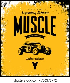 Vintage custom hot rod vector tee-shirt logo isolated on yellow background. Premium quality old sport car logotype t-shirt emblem illustration. American street wear superior retro tee print design.