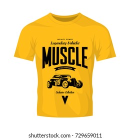 Vintage custom hot rod vector logo isolated on yellow t-shirt mock up. Premium quality sport car logotype tee-shirt emblem illustration. American street wear exclusive superior retro tee print design.