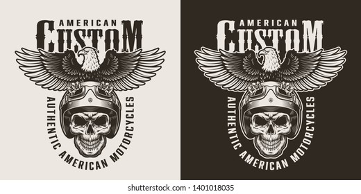 Vintage custom motorcycle badge with biker skull and eagle sitting on motorcyclist helmet isolated vector illustration
