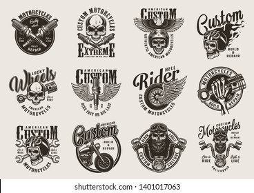 Vintage custom motorcycle badges with biker and motorcyclist skulls spark plugs engine pistons wrenches chopper eagle fiery moto helmet and winged wheel isolated vector illustration