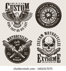 Vintage custom motorcycle badges set with eagle sitting on moto steering wheel crossed spark plugs skull and motorbike wheel isolated vector illustration