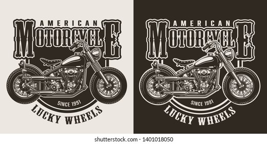 Vintage custom motorcycle emblem with motorbike side view in monochrome style isolated vector illustration