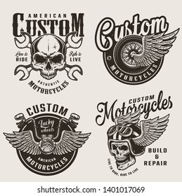 Vintage custom motorcycle emblems with motorcyclist skull in winged helmet crossed wrenches winged wheel and chopper steering wheel isolated vector illustration