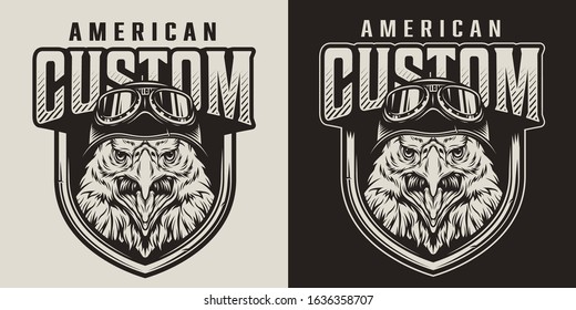 Vintage custom motorcycle label with angry eagle head in moto helmet in monochrome style isolated vector illustration