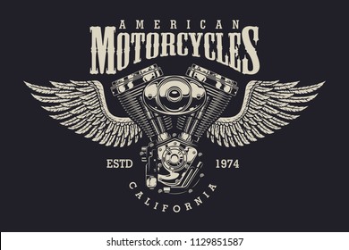 Vintage custom motorcycle label with winged motorbike engine and inscriptions on dark background isolated vector illustration