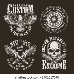 Vintage custom motorcycle labels with eagle chopper front view motorbike wheel skull and crossed engine spark plugs isolated vector illustration