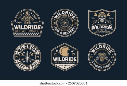 colección de Vector de la insignia de la insignia de la motocicleta personalizada de Antiguas. Garaje de moto y logotipo mecánico con Vector de estilo retro para diseño de camiseta. Conjunto de Elementos de diseño para piezas de moto