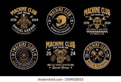 Vintage personalizado motocicleta logotipo emblema vetor coleção. Garagem de motocicleta e logotipo mecânico com vetor estilo retro para design de t-shirt. Conjunto de elementos de design para peças de motocicleta