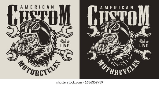 Vintage custom motorcycle monochrome label with crossed spanners and angry wild boar head in moto helmet isolated vector illustration