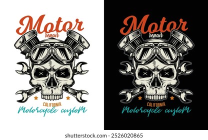 Cartel de motocicleta personalizado de Antiguas. Ilustración vectorial original en estilo vintage aislado sobre fondo negro. Diseño de camiseta. Dibujado a mano, no AI