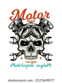 Cartel de motocicleta personalizado de Antiguas. Ilustración vectorial original en estilo vintage. Diseño de camiseta. Dibujado a mano, no AI