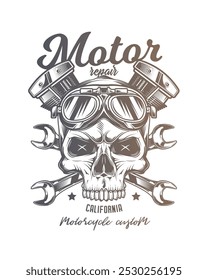 Cartaz de motocicleta personalizado vintage. Ilustração vetorial original em estilo vintage isolado no fundo branco. Design de camiseta. Desenhado à mão, não com IA