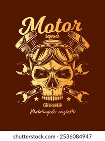 Vintage custom motorcycle poster. Original vector illustration in vintage style isolated on red background. T-shirt design. Hand drawn, not AI