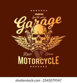 Vintage Custom Motorcycle Poster. Original vector illustration in vintage style isolated on red background. T-shirt design. Hand drawn, not AI