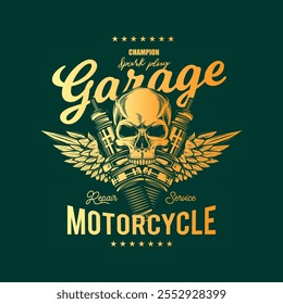 Vintage Custom Motorcycle Poster. Original vector illustration in vintage style isolated on green background. T-shirt design. Hand drawn, not AI