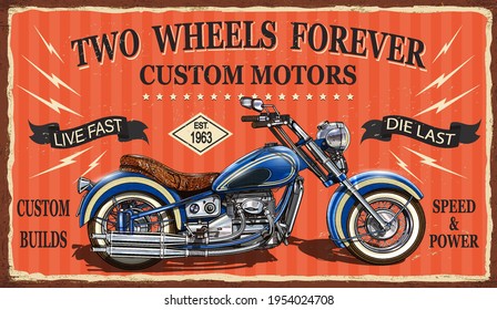 Vintage custom motorcycle poster.Two Wheels Forever lettering.