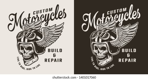 Vintage custom motorcycle shop emblem with motorcyclist skull in winged helmet and goggles isolated vector illustration