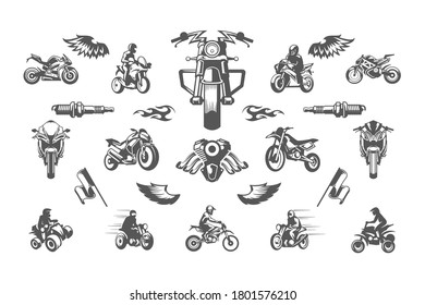 Vintage custom motorcycles silhouettes and icons isolated on white background vector illutrations set. Rider on bike, motorcycle, engine repairs objects for print and logo emblem templates.
