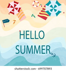 Vintage cute adorable hello summer sea beach funny item,umbrella,sea anchor, pastel romantic vector background illustration by hand draw doodle cartoon comic style,invitation card