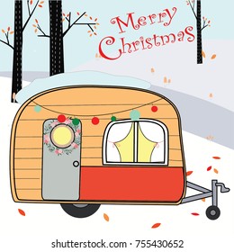 Vintage cute adorable van house car on winter snow in the Merry Christmas Greeting vector background illustration by hand draw doodle cartoon comic style,invitation card