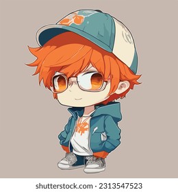 Vintage Cute Anime Boy With Matching Dress Up Vector Illustration