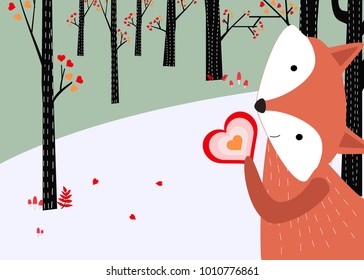 Vintage cute baby fox wolf smile happy in romantic heart autumn forest,woodland style,wildlife jungle background pattern vector,freehand draw doodle art,for invitation Christmas or valentine card