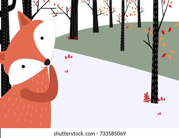 Vintage cute baby fox wolf smile happy in  romantic autumn forest jungle background pattern vector hand draw doodle art invitation Christmas card