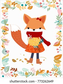 Vintage cute baby fox wolf girl smile happy in romantic flower garden in autumn forest jungle frame, floral background pattern vector,hand draw doodle art for invitation card