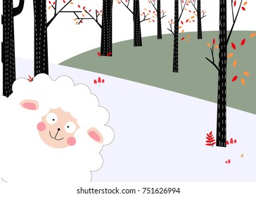 Vintage cute baby sheep lamb smile happy romantic autumn forest jungle background pattern vector hand draw doodle art,for invitation Merry Christmas card