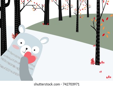Vintage cute baby teddy bear smile happy in romantic autumn forest jungle background,animal lovely pattern vector hand draw doodle art,for birthday invitation or Christmas card
