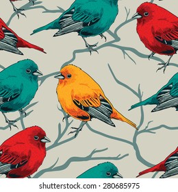 Vintage Cute Bird seamless pattern