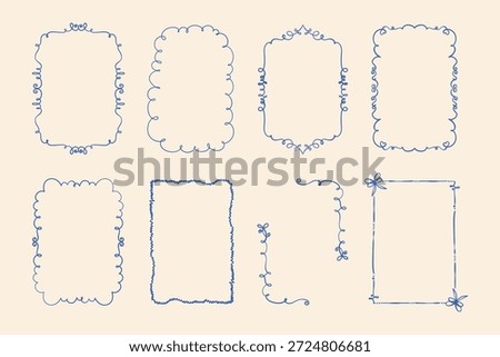Vintage Cute Blue Frame Border Set with Ribbons and Nubes. Decorative and trendy doodle frames with wavy, quirky art lines, hearts and bows. Minimalist rectangular shapes perfect for romantic cards