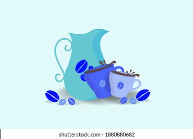 vintage cute cartoon coffee tea kettle with cups designed with coffee beans on white background vector for backgrounds, banners, posters, menu covers illustration. 
