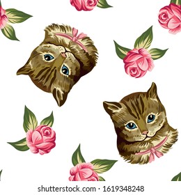 Vintage cute cat, rose flower seamless pattern white background. Animal wallpaper.