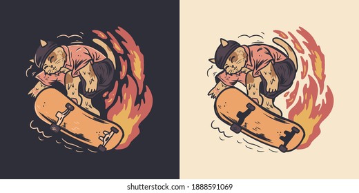 vintage cute cat skateboarding illustration